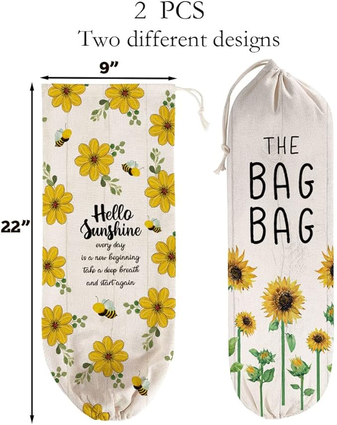 2Pcs Sunflower Plastic Bag Holder for Kitchen Essentials, Reusable Hanging Grocery Bag Organizer, Sunflower Gifts for Women, Washable Large Grocery Trash Bags Storage Dispenser
