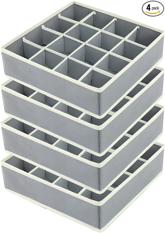 Joyoldelf Sock Drawer Organizer Divider Underwear Organizer 16-cell Fabric Dresser Drawer Organizers Storage Boxes for Socks Lingerie, Handkerchiefs, Ties 4 Pack (Grey)