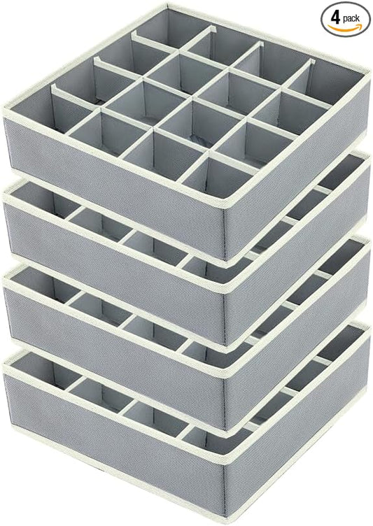 Joyoldelf Sock Drawer Organizer Divider Underwear Organizer 16-cell Fabric Dresser Drawer Organizers Storage Boxes for Socks Lingerie, Handkerchiefs, Ties 4 Pack (Grey)