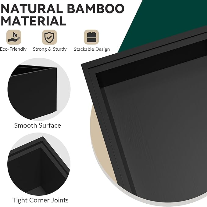 Bamboo Drawer Organizer, Narrow Silverware Organizer for Kitchen, Stackable Utensil Organizer, 2 Pcs Flatware Organizer, Wooden Storage Box Tray (Black, 12 X 3 X 2 Inch)