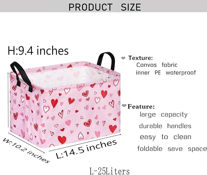 KUNRO Rectang Heart Pattern Vantine's Storage Basket Gift Shelf Basket Storage Bin, Nursery Basket Organizer Box for With Handles for Room Deco