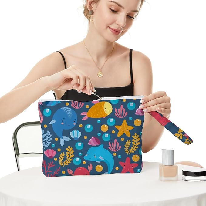 Fokongna Wet Bag, Small Portable Waterproof Multi-Functional Organizer for Women, Ideal for Daily, Beach & Travel，Blue Ocean Life
