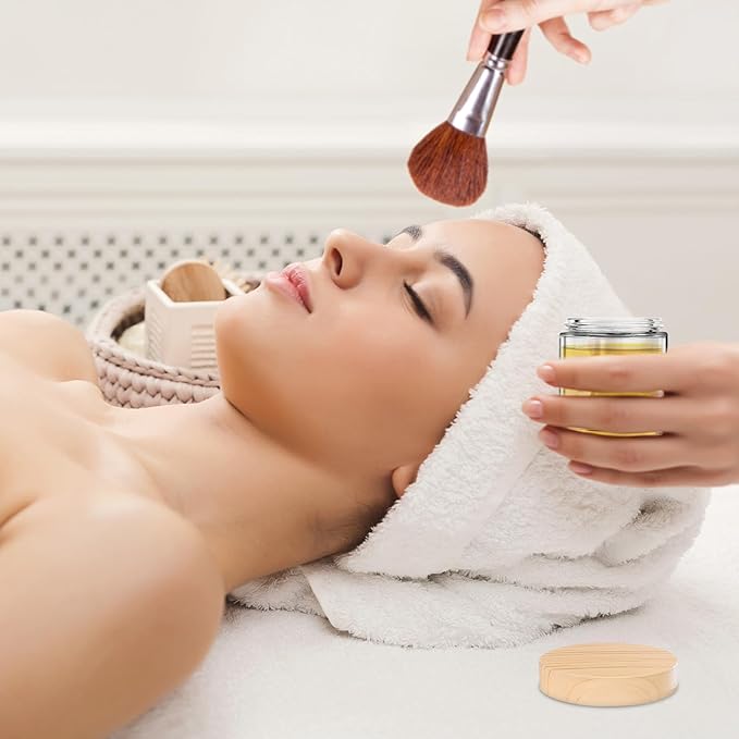 16 Pack Small Glass Jars with Lids, 4 oz Glass Containers with Plastic Woodgrain Lids & Inner Liners, Reusable Travel Containers for Creams, Makeup, Lotion, Cosmetic, Ointment