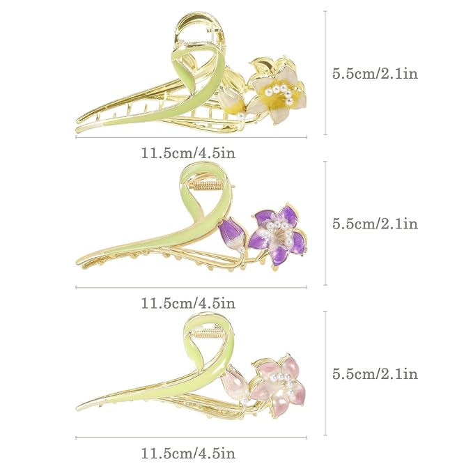 3-Piece Floral Metal Hair Clips, Lily Flower Hair Claw for Thin/Medium Thick Hair Claws, Elegant Barrettes Strong Hold Hair Clamps Non Slip Cute Hair Catch Clip Accessories (3-Color Lily)