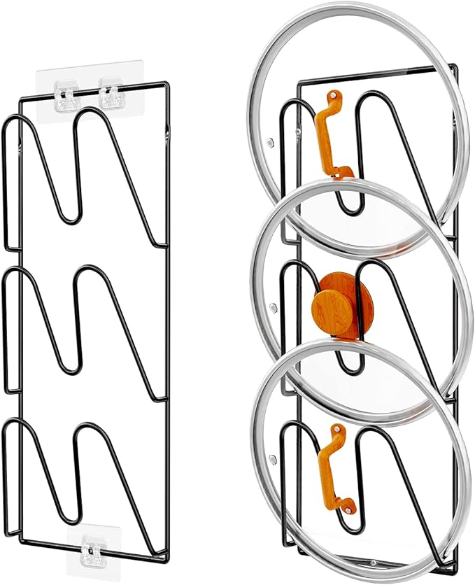 2 Pack Pot Lid Organizer Rack, 6-Tier Pot Lids Holder for Cabinet Door/Wall, No Drilling Adhesive Wall/Door Mounted Rustproof Pot and Pan Cover for Kitchen Storage, Classic Black