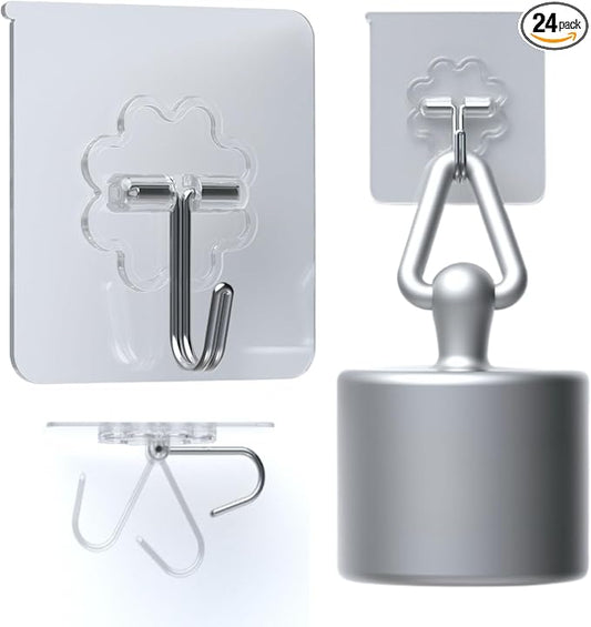 DDMY Heavy Duty Hook 24 Pack Self Adhesive Hooks for Hanging Wall Hooks Transparent Reusable Waterproof Adhesive Sticky Hook for Kitchen Curtain, Towel Bathroom, Coat Shower Door Utility No Damage