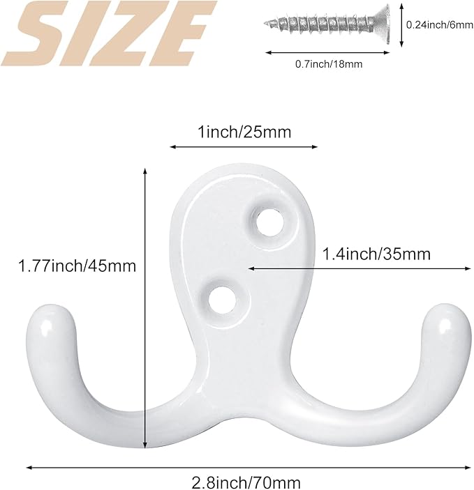 14 Pack Coat Hooks, Heavy Duty Double Prong Coat Hooks Wall Mounted with 28 Screws, No Rust White Metal Wall Hooks for Hanging Towel, Coat, Bag, Hat, Cup, Key