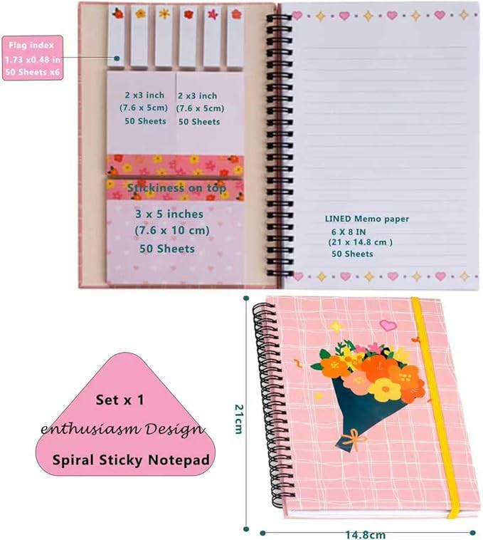 A5 Spiral Sticky Notebook,with 9 pads of decorated sticky notes and a handy notebook,Note Pads Teacher Appreciation Gift Writing Memo Pads School Office Supplies and Daily Life Organization (Bouquet)