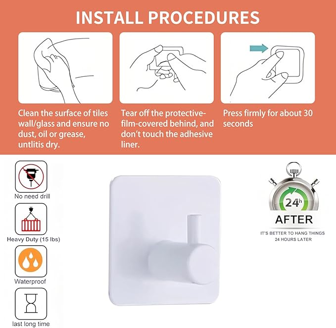 White Adhesive Towel Hooks Heavy Duty Stick on Wall Hooks Shower Hooks for Bathroom Kitchen Door-4 Packs