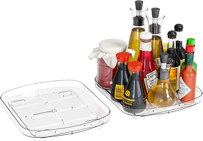 Yieach Clear Refrigerator Lazy Susan Turntable,11.9''x10.2'',Square Fridge Turntable Organizer,Large Rotating Fridge Tray for Kitchen,Countertop,Pantry,Cabinet,Jars and Condiment Organizer,Pack of 2