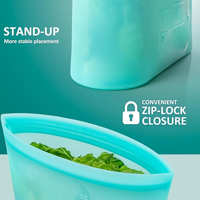 12-Pack Reusable Silicone Food Storage Bags, 100% Silicone Stand-Up Wide-Open Zip-Lock Reusable Storage Bags for Food, Freezer Microwave Oven Dishwasher Safe, Aqua, 4L 4M 4S