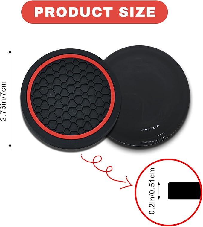 4PCS Car Cup Holder Coasters, 2.75 Inch Non-Slip Insert Cup Holder Pad, Dustproof Automotive Interior Accessories Mat, Universal for Trucks, Vehicles, RVs and More (Black/Red)