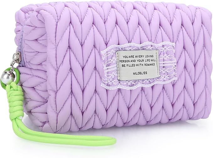 DOB SECHS Small Puffer Makeup Bag Quilted Cosmetic Bag with Handle, Cute Makeup Pouch for Purse, Cotton Woven Puffy Toiletry Bag for Women Mini Quilt Travel Essentials Organized Zipper Pouches, Purple
