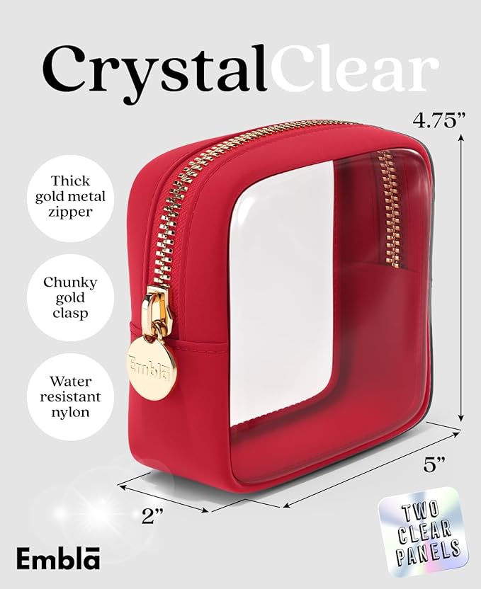 Clear Makeup Bag Zipper Pouch, Transparent Cosmetic Case Organizer, TSA Approved Travel Toiletry Case, Travel Accessories Essentials Makeup Tote for Women, Mini Cute Make up Bag for Purse - Ruby