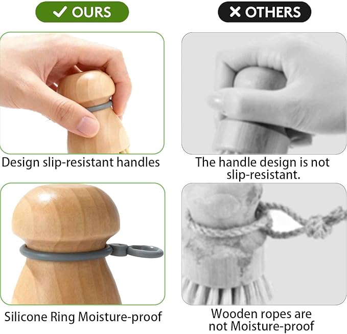Dish Brush with Hanging Loop — Durable PBT Bristles Brush, Non-Slip Grip Dish Brush, Compact Bamboo Dish Brush, for All Cookware, Stovetops & Sinks • Kitchen Essential (2pcs/Set)
