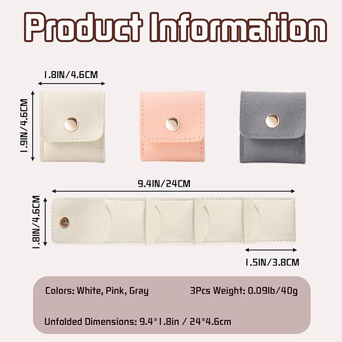 3Pcs Mini Travel Jewelry Bag, Small Travel Jewelry Organizer Case, Foldable Jewelry Roll for Earrings, Necklaces, Rings, Chain Bracelets, Brooches