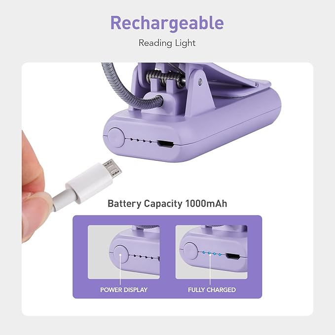 VAVOFO Rechargeable Book Light for Reading in Bed Kids, 7 LED Reading Light with 9-Level Warm Cool White Daylight, Eye Care Lamp with Power Indicator for Bookworms (Purple)