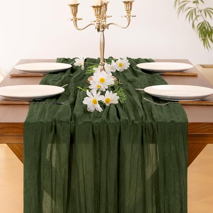 Socomi 6pcs Olive Green Cheesecloth Table Runner Boho Rustic Gauze 120 inch 10FT Cheese Cloth Sheer Runner for Wedding Party Baby Shower Birthday Home Decor