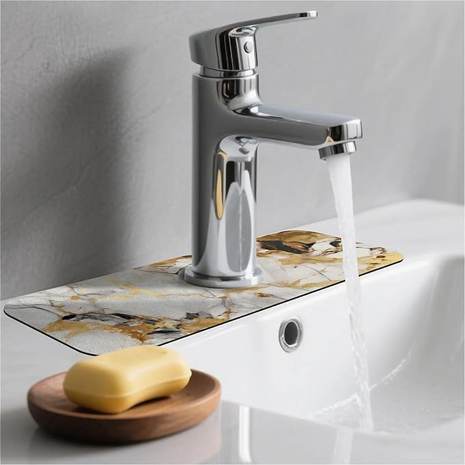 Kitchen Sink Splash Guard，Abstract marble gold Faucet Mat Sink Gadgets-Super Absorbent Fast Drying Mat Drip Catcher for Kitchen, Bathroom,Sink Mat, Dish Drying Mat, Bathroom(15" X 5.5" )