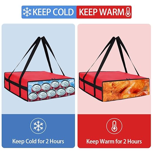 Insulated Pizza Delivery Bag for Carry Hot, 20" x 20" x 6" Carrier Warmer, Insulated Food Delivery Bag, Insulated Grocery Cooler Bags for Catering/Drivers, Commercial Food Warmers（Red, 1Pk）