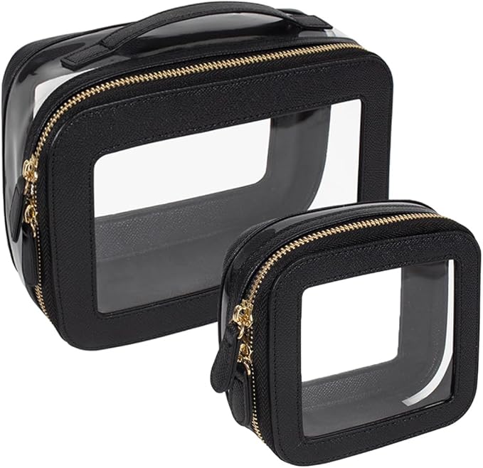 Clear Makeup Bag Set, Small Portable Clear Makeup Bag Cute Waterproof Travel Cosmetic Bag Makeup Pouch TSA Approved Toiletry Bag Women Traveling Car Organizer Car Essentials (Black, Standard + Mini)