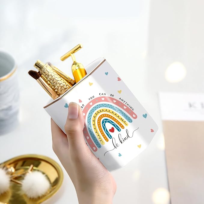 WAVEYU Pen Holder for Desk, Cute Ceramic Pencil Holder, Pen Cup Marker Holder Makeup Brush Holders, Desk Accessories & Workspace Organizers for Office, Home, Rainbow Pattern