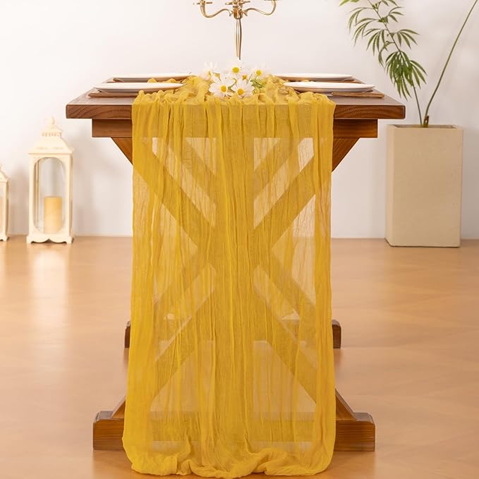 Socomi Gold Yellow Cheesecloth Table Runner Summer Boho Rustic Gauze 120 inch 10FT Cheese Cloth Sheer Runner for Wedding Party Baby Shower Birthday Home Decor Holiday Decorations