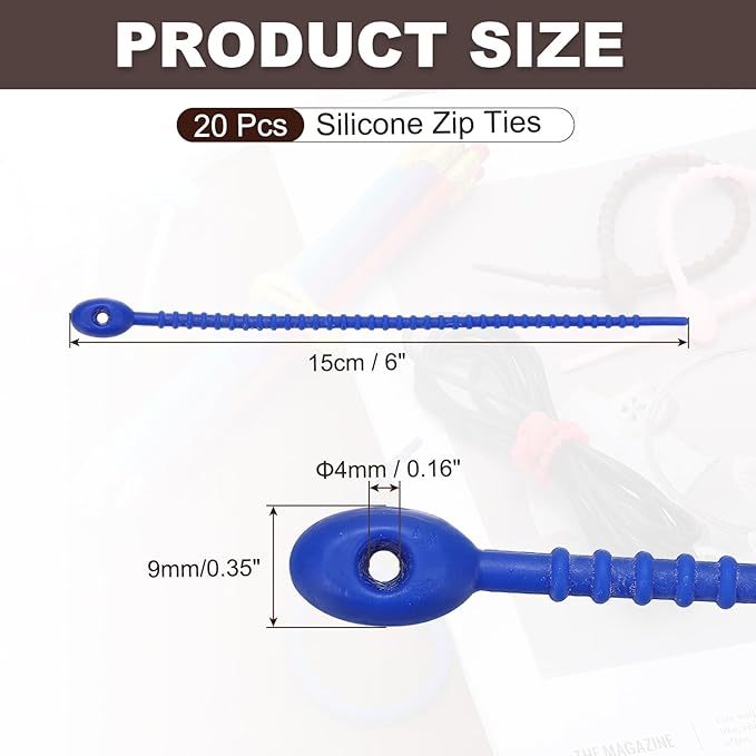 PATIKIL 6 Inch Silicone Cable Ties, 20pcs Rubber Reusable Twist Zip Ties Organizer for Home Office Kitchen Food bags Wires Adjustable Bag Clip, Dark Blue