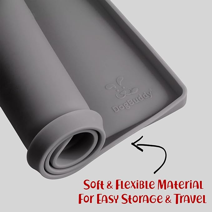 DogBuddy Dog Food Mat – Waterproof Dog Bowl Mat for Food and Water, Silicone Pet Feeding Mats For Floors, Non-Slip Placemat with High Edges For Dogs Bowls, Puppy Essentials (XL: 28" x 18", Shadow)