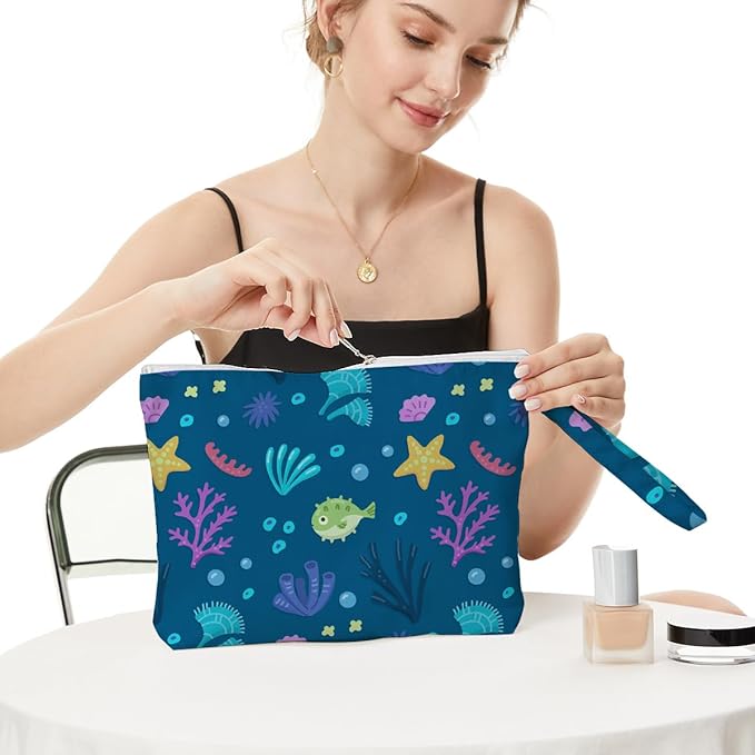 Fokongna Wet Bag, Small Portable Waterproof Multi-Functional Organizer for Women, Ideal for Daily, Beach & Travel，Blue Colorful Coral Reef