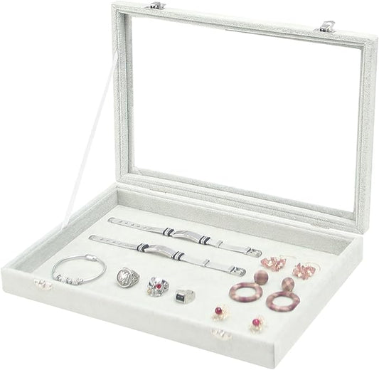 Coward Jewelry Organizer Tray Box, Grey Beige Velvet Blank Display Tray Case with Lid for Storage Necklaces Bracelets Rings Beads and Jewelry Accessories