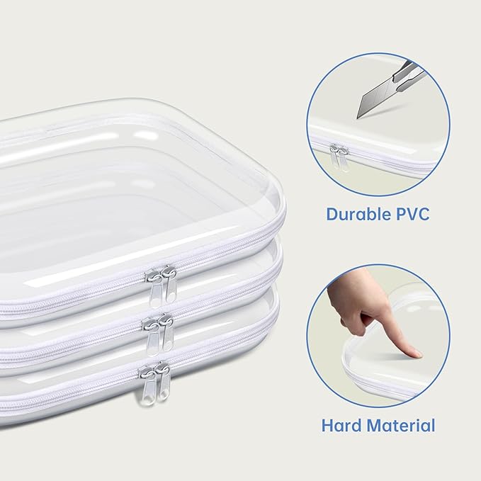 Clear Hard Plastic Zipper Case, Transparent Double Zippers Hard Pouch with 3 Pieces, Portable Travel Organizer Bin for Toy Storage