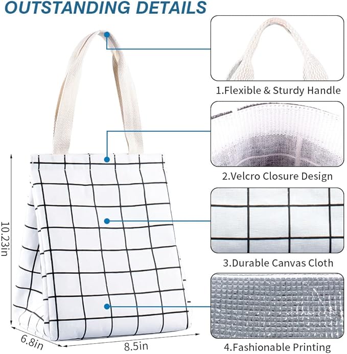 iknoe Insulated Lunch Bag for Women & Adults, 9L Foldable Wide-Open Cooler Bag with Pockets, Leakproof & Portable, for Picnic, Office, Beach (White Grid)