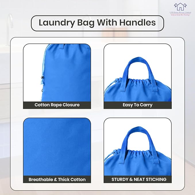 LFH Home Large Premium Cotton Canvas Laundry Bag with Drawstring and Handles Heavy Duty, Multi-Use, and Washable for Home, Travel, College or Storage 24x36 (Pack of 4)-Sky Blue
