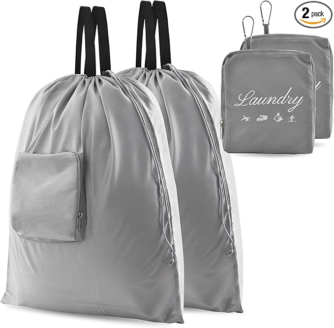 2 Pcs Travel Laundry Bags, JHX Dirty Clothes Organizer【Upgraded】with Handles and Aluminum Carabiner, Collapsible Laundry Bag for Travel, Camp, Fitness, and Students（Grey） 24"L x 21"W