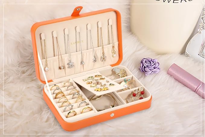 LANDICI Small Jewelry Box for Women Girls, PU Leather Travel Jewelry Case, Portable Jewelry Organizer Storage Holder Display for Ring Earrings Necklace Bracelet Bangle Men Kids Gift, Orange