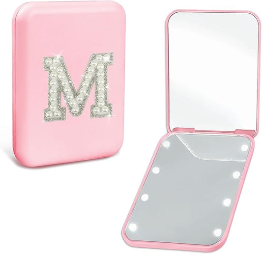 Small Mirror with Lights Teen Girl Gifts Trendy Stuff Personalized Pearl Initial LED Pink Folding Compact Mirror Preppy 1X/2X Magnification Travel Makeup Pocket Mirror for Women (M)