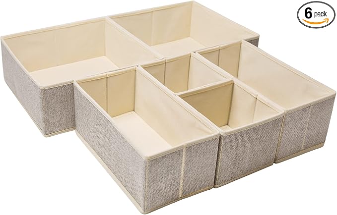 Criusia Underwear Drawer Organizer, 6 Set Foldable Underwear Drawer Organizer and Closet Dividers,Storage Box for Clothes, Socks, Underwear (6 Bins, Beige)