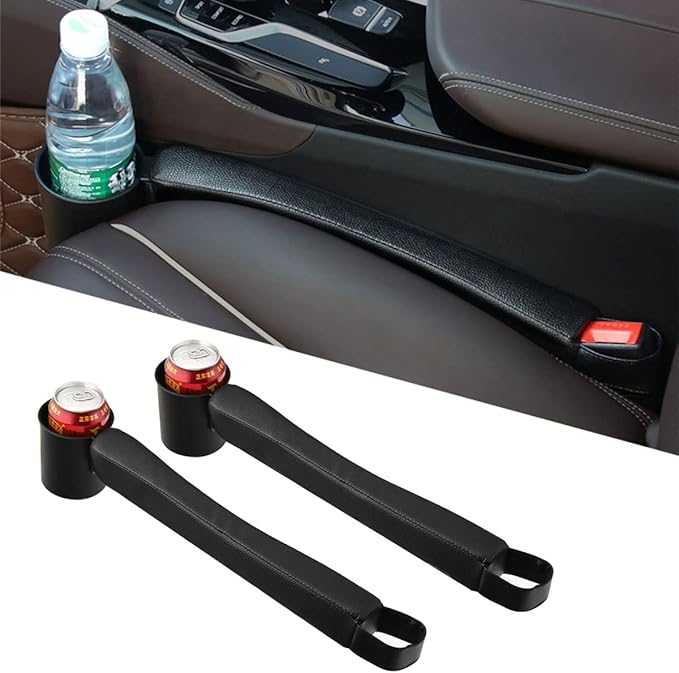 Tumecos Car Seat Gap Filler Pad PU Leather Console Side Pocket Organizer with One Cup Holder for Cellphone Wallet Coin Key 2 Pcs (Black+Black Surface)