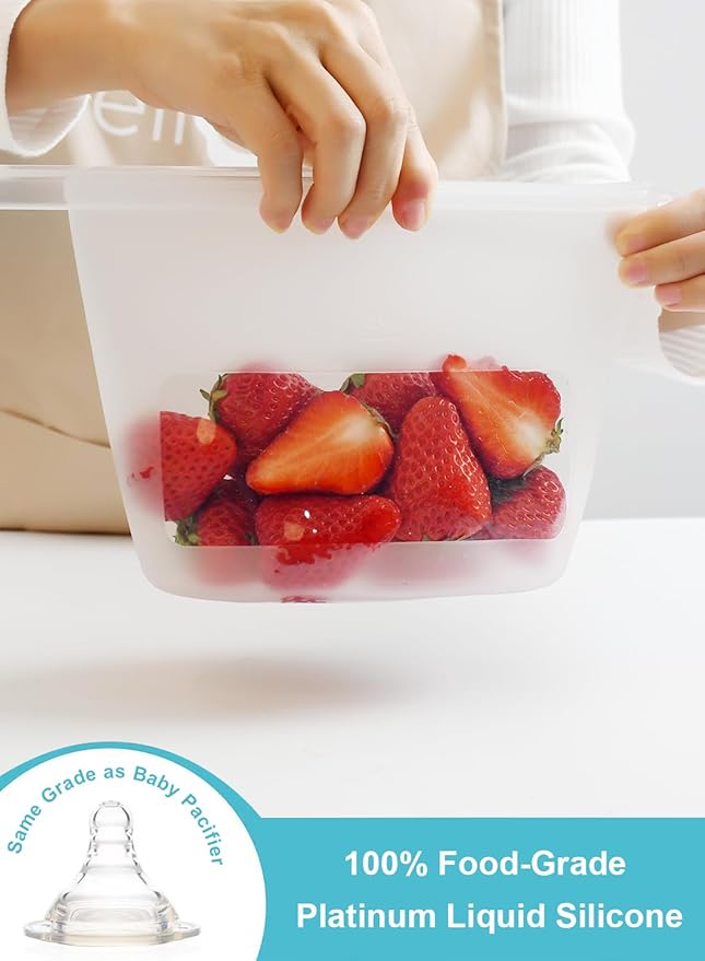 Reusable Silicone Food Storage Bags (Set of 4), Dishwasher Oven Microwave Freezer Safe, Eco-Friendly Leakproof Sous Vide Bags, Premium Lunch Containers, 1 Snack 2 Sandwich 1 Half Gallon, Mixed