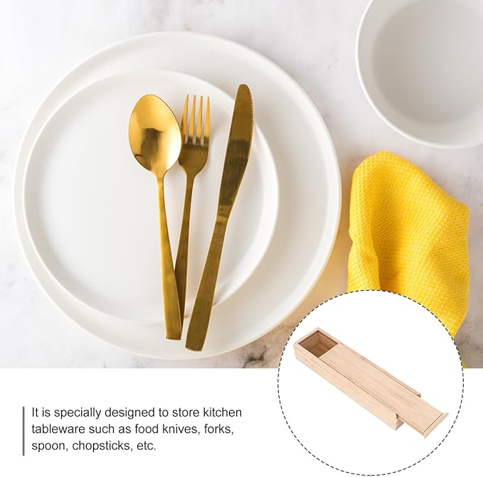Bamboo Knife and Fork Storage Box with Sliding Lid Rectangular Flatware Organizer for Travel and Kitchen Drawer Compact 9.65X2.48X1.5 Inch Utensil Case