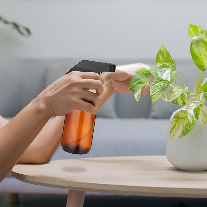 Fumete 2 Pack Glass Bottles 4oz Empty Refillable Liquid Containers with 1 Label 1 Funnel for Essential Oils Hair Travel Plants Cleaning Skin Care(Amber, Black Top,Spray Bottle)