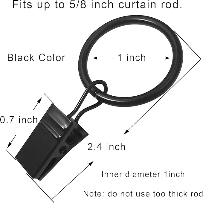 44 Pack Metal Curtain Rings with Clips, Drapery Clips with Rings, Drapes Rings 1 inch Inner Diameter, Fits Diameter 5/8 inch Curtain Rods, Black
