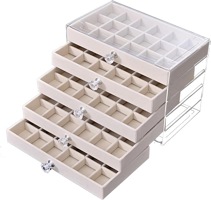 SPAKOWN Earring Box Holder Organizer Display Case, Clear Velvet Jewelry Storage Tray Organizer for Earring Ring Stud (Beige - 5 Drawers)