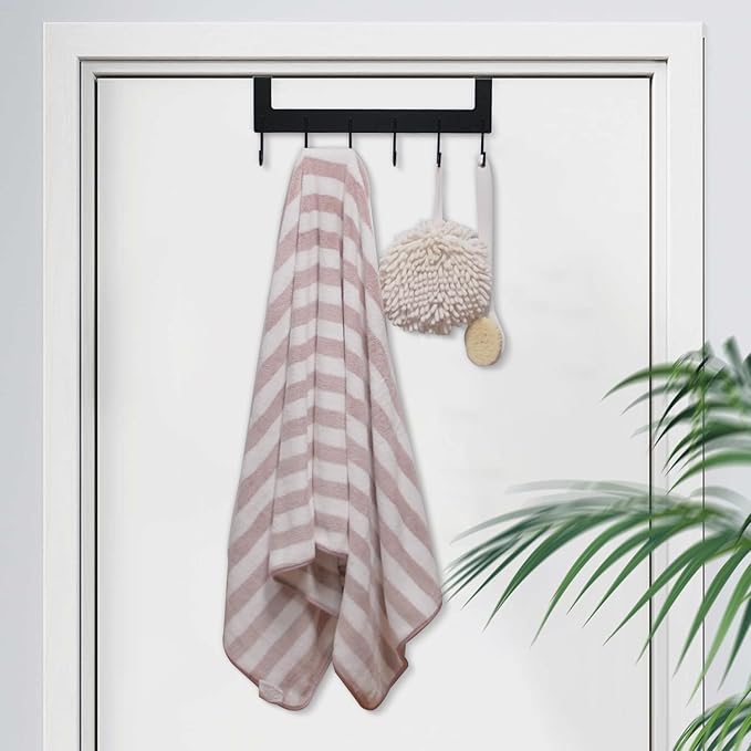 UDENIS Over The Door Hooks, Over The Door Hanger, Heavy Duty Metal Over The Door Towel Rack, Door Hooks for Hanging Coat, Towel, Bag, Robe - 6 Hooks(Matte Black 2Pcs)