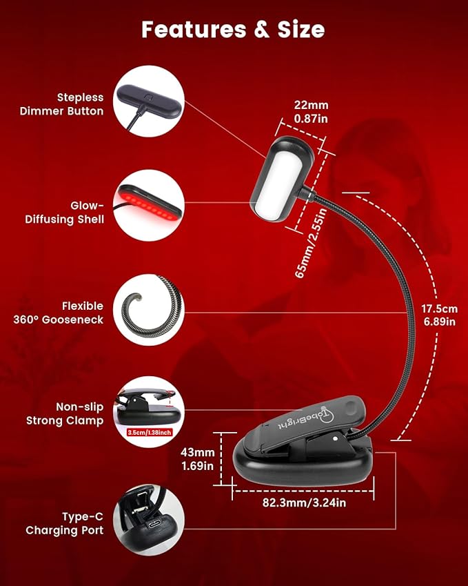 670nm LED Reading Light, USB-C Rechargeable Clip On Book Lights for Reading at Night, 100% No Blue-Light Eye Care Book Lamp, Gift for Kids, Travel, Learning