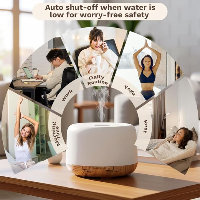 500ml Premium Essential Oil Diffuser,Quiet 4-in-1 Ultrasonic Aromatherapy Humidifier,7 Color LED Lights,with Adjustable Automatic Timer Off Function and Spray Mode. (Light Woodgrain, Basic Edition)