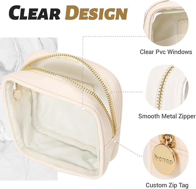 Aveniee Clear Makeup Bag Small, Mini Cosmetic Bag for Inside Purse, Cute Zipper Pouches for Organizing Car Essentials Travel Toiletry Lipstick-Cream