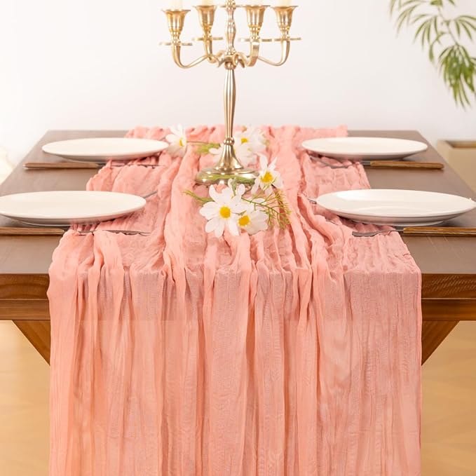 Socomi 6pcs Coral Peach Summer Cheesecloth Table Runner Boho Rustic Gauze 120 inch 10FT Cheese Cloth Sheer Runner for Wedding Party Baby Shower Birthday Home Decor Holiday Decorations
