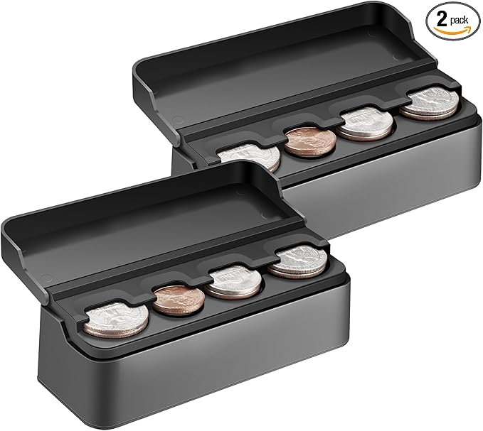 SINGARO Coin Holder for Car, Coin Change Organizer Compatible with Coins of Different Sizes, Dash-Mounted Holder Suitable for Most Cars, Trucks(2PCS Black)